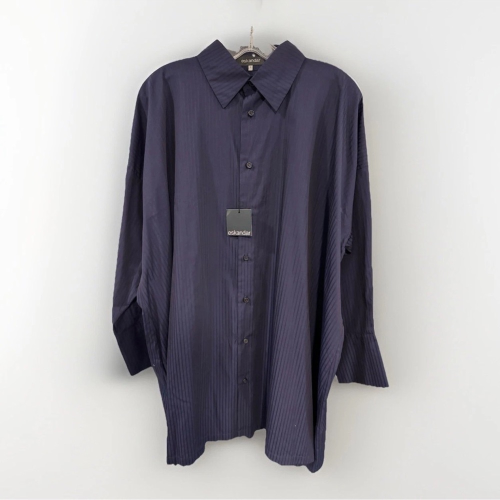Eskandar Dark Blue Striped Cotton Women’s Collared Shirt New With Tags Size 1